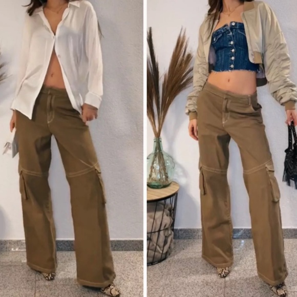 Zara Full Length Light Khaki Cargo Cotton Pants NWT - Picture 1 of 10